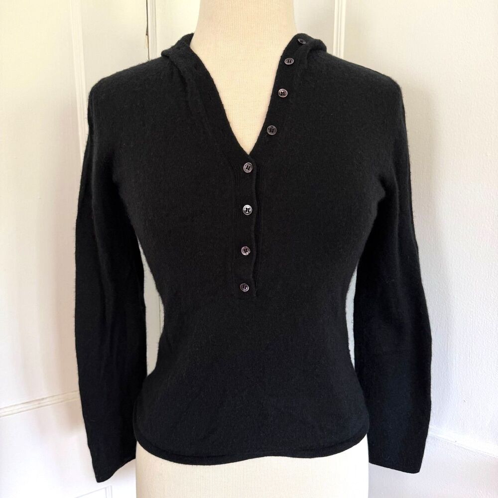 'S Max Mara Hooded Sweater Large Black Soft Knit Henley Luxury Designer Top